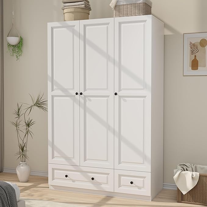 Armoire Wardrobe Closet with Drawers: 47" White Wardrobe Closet with 3 Doors and 2 Drawers, Wood Clothes Armoire with Hanging Rod, Clothing Storage Cabinet for Bedroom