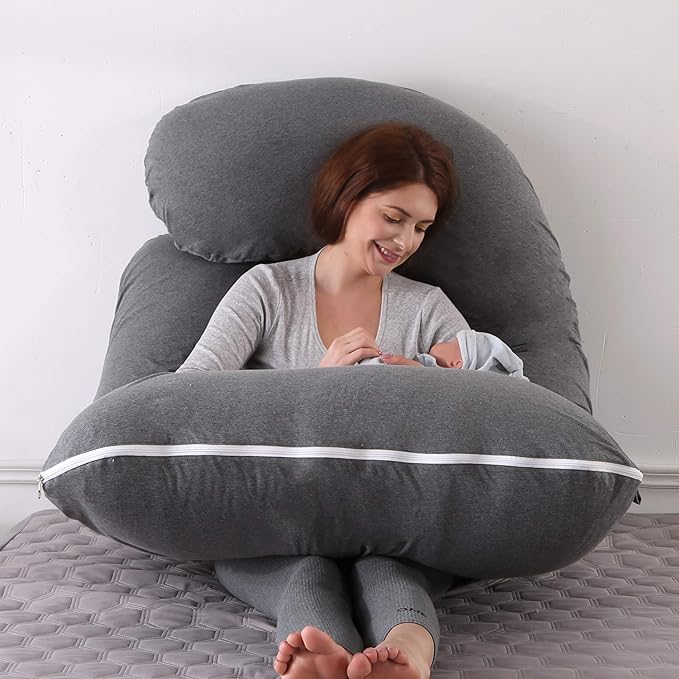 U-Shaped Full Body Pregnancy Pillow for Sleeping – 57" Maternity Pillow with Removable Cover, Support for Back, Legs, Belly & Hips (Jersey-Dark Grey)