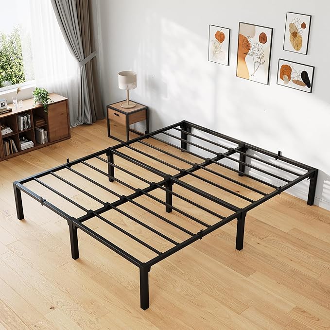 16 Inch King Metal Bed Frame, Heavy Duty Metal Platform Bed Frame with Reinforced Slats Support, 800 Lbs Load Capacity, Noise Free, No Box Spring Needed and Screws , Tool-Free Assembly Bed Frame