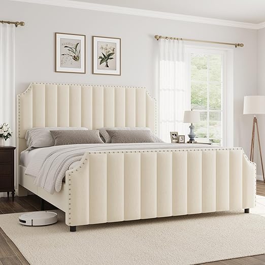 GarveeHome King Size Platform Bed Frame with 50.2 in Headboard, Velvet Upholstered Bed Frame with Vertical Channel Tufted Headboard & Footboard, Nailhead Trim, No Box Spring Needed, Cream