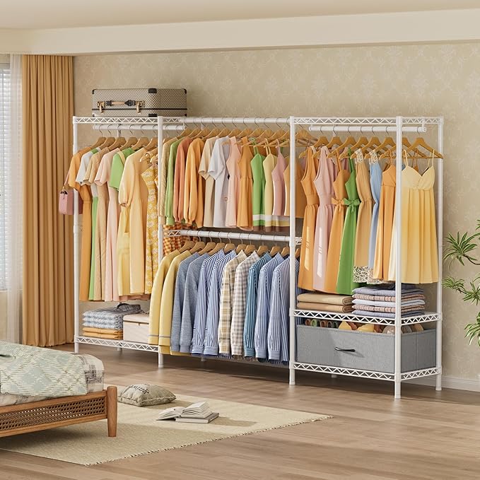 Golpart Coat Rack Clothes Wardrobe:Closet Organizer and Storage Clothing Garment Rack with Shelves Heavy Duty for Hanging Clothes Portable Adjustable White 15.8" DX69 WX76.5 H