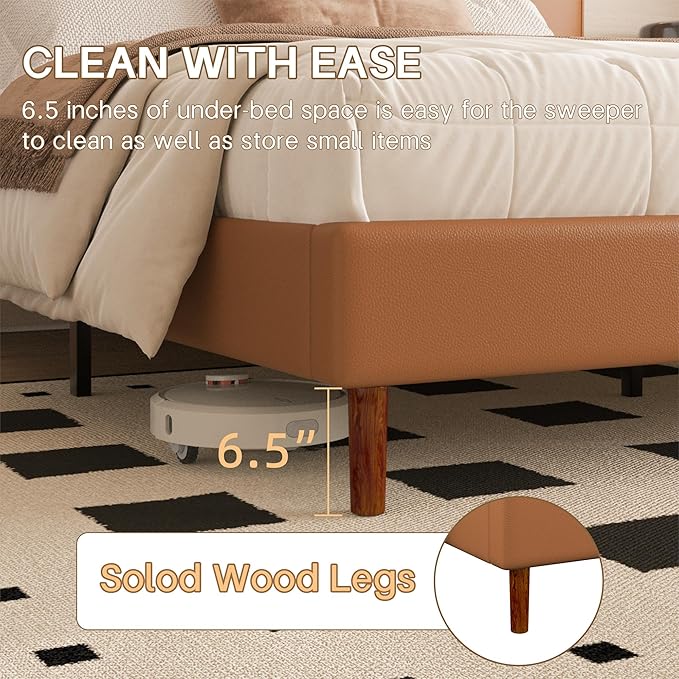 Full Size Leather Platform Bed Frame with Adjustable Upholstered Headboard, Solid Wooden Legs, No Box Spring Needed, Easy Assembly, Noise Free, Orange-Brown