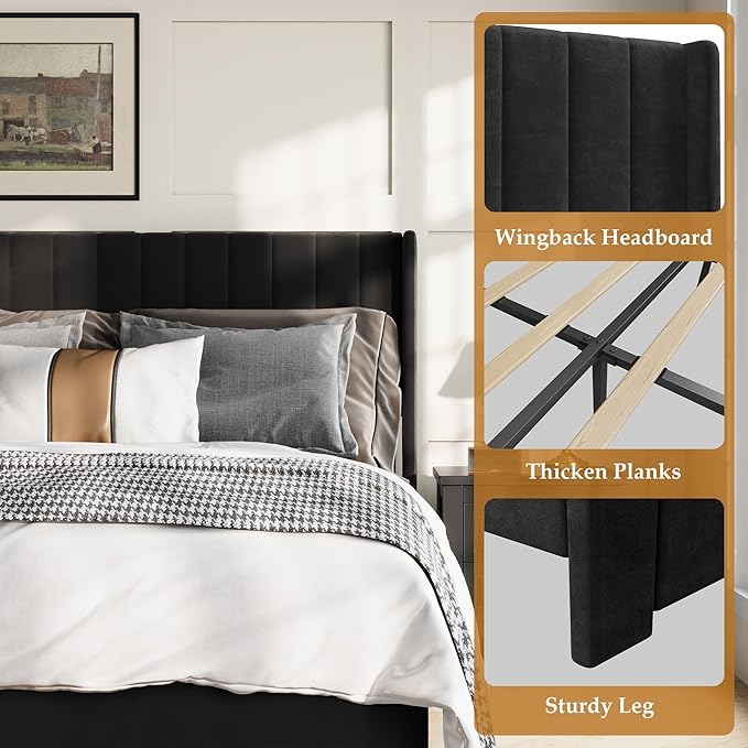 IDEALHOUSE Full Bed Frame with Wingback Headboard, Velvet Upholstered Platform Bed with 2 Storage Drawers, Vertical Tufted Headboard Design, Wooden Slats Support, No Box Spring Needed, Black