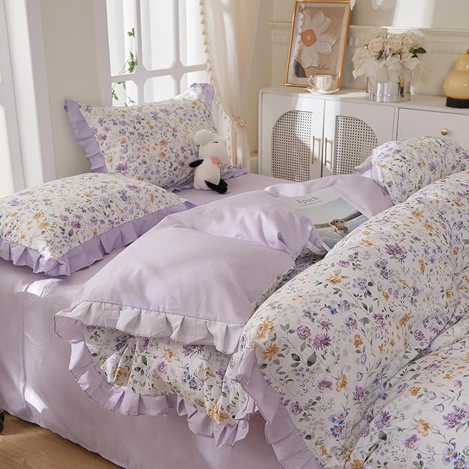mixinni Floral Duvet Cover Set Twin Size, 100% Cotton 3-Piece Bedding Set with Ruffled Lace, Reversible Lavender Wildflower Ruffle Design, Soft Aesthetic Cottagecore Duvet Cover with Zipper Closure