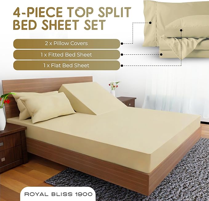 Top Split Flex Head California King Size Sheet Set - Egyptian Quality Ultra-Soft Bed Sheets - Double Brushed - Deep Pockets- Easy Fit - 4 Piece Set- Fade Resistant - Cream