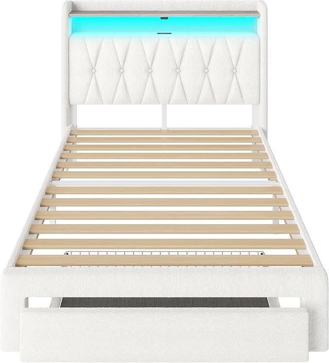 Rolanstar Twin Bed Frame with Drawer, Storage Headboard with Charging Station and LED Lights, Upholstered Bed with Heavy Duty Wood Slats, No Box Spring Needed, Noise Free, Easy Assembly, Beige