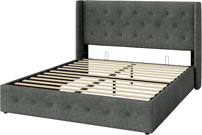 Allewie Full Size Lift Up Storage Bed, Button Tufted Headboard with Wingback, Hydraulic Support, No Box Spring Needed, Dark Grey