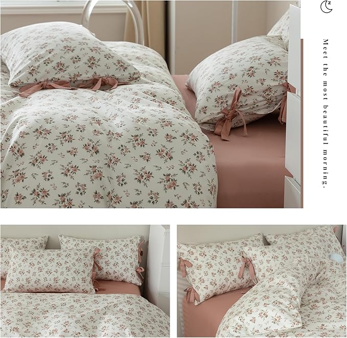 mixinni Vintage Style Girls Pale Pink Flower Pattern Duvet Cover Full Soft Aesthetic Floral Cotton Bedding Set 1 Duvet Cover with 2 Bow Tie Pillowcases for Teen Girl Cute-Full Size