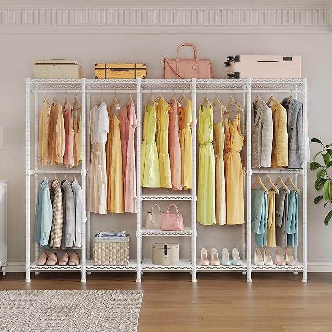 Higeego H5 Extra Large Heavy Duty Clothes Rack, Wire Garment Rack, Freestanding Clothing Rack for Hanging Clothes, Wardrobe Closet with Adjustable Shelf, 93.3" Wx15.7 Dx75.4 H, White, Load 1400 lbs