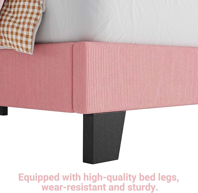 Twin Bed Frames, Corduroy Upholstered Twin Bed Frame with Cute Adjustable Headboard, Fabric with Strong Wooden Slats Support, No Box Spring Needed, Easy Assembly, Pink