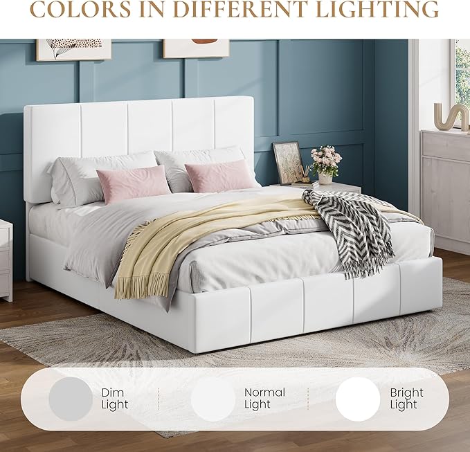 SHA CERLIN Full Size Bed Frame, Velvet Upholstered Platform Bed, Vertical Channel Tufted Adjustable Headboard, Low Profile Bed Frame, No Box Spring Needed, Easy Assembly, White