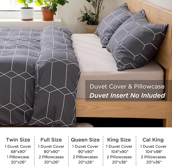 TOCOMOA Plaid Duvet Cover Set 100% Natural Cotton Soft Comfy Breathable 3 Piece Grey and White Pattern Printed Comforter Cover Bedding Set (Queen 90"x90", Comforter Not Included)