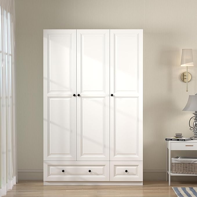 Armoire Wardrobe Closet with Drawers: 74" White Wardrobe Close with 3 Doors, Tall Armoire with Hanging Rod, Large Wood Clothes Cabinet for Bedroom (White, 47")