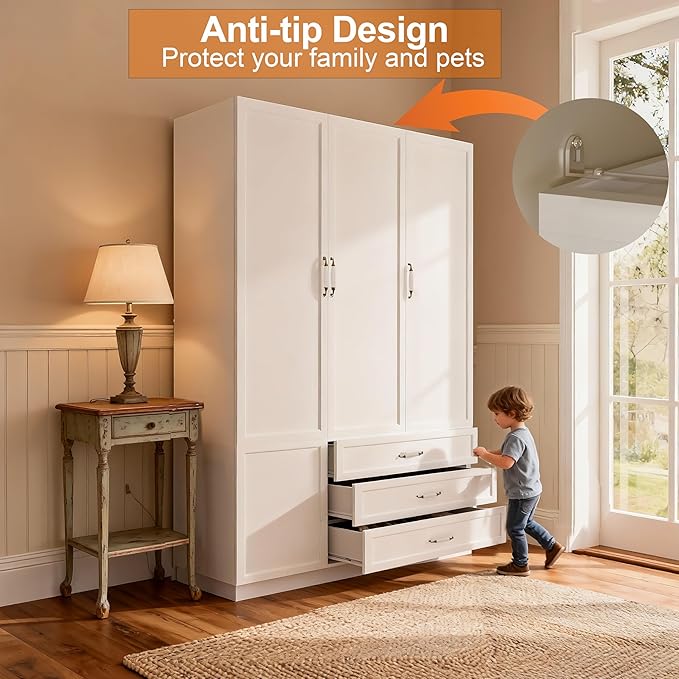 AXCITOC 72" Armoire Wardrobe Closet with 3 Door Wooden Bedroom Armoire with LED Light 3 Drawers Large Modern White Wardrobe Cabinet with Retro Ceramic Door Handles and Removable Hanging Rod