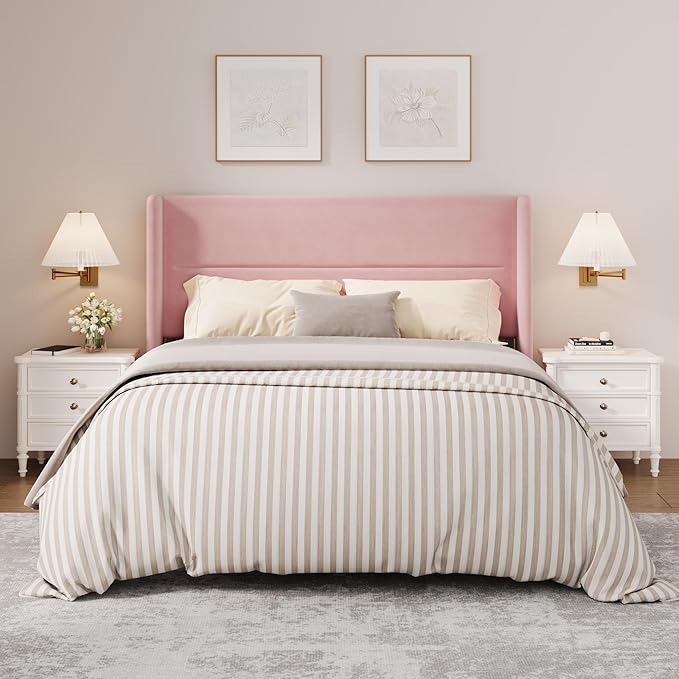 Garvee Full Size Bed Frame with Wingback Headboard, Velvet Upholstered Platform Bedframe with Wood Slats, No Box Spring Needed, Easy Assembly, Pink