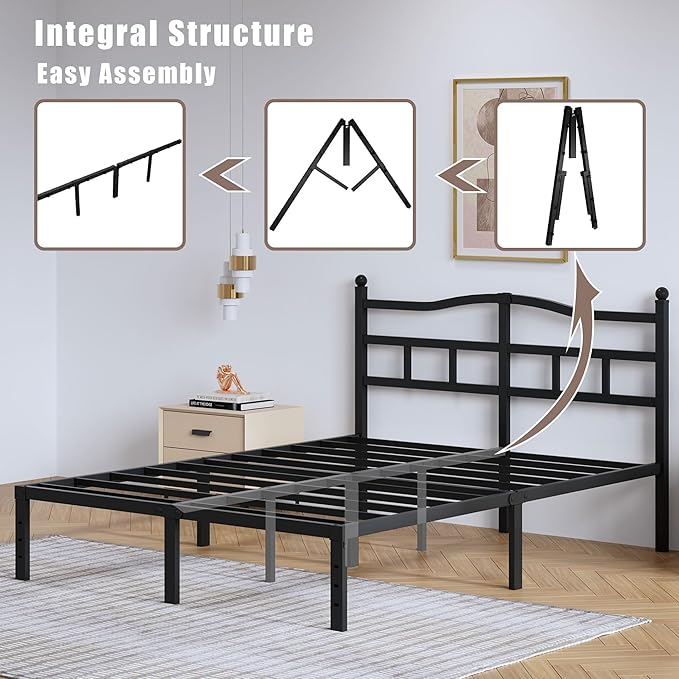 SHOANED 14 Inch Metal Bed Frame - Full Size Heavy Duty Bedframe with Headboard Black Basic Steel Slats Platform No Box Spring Needed/Easy Assembly/Noise Free