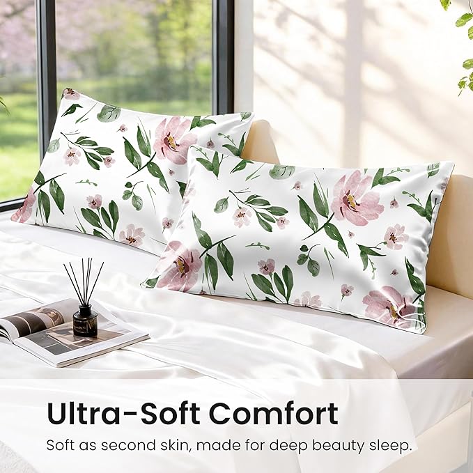 EXQ Home Satin Pillowcase for Hair and Skin Queen - Printed Pink Bloom Silk Pillow Cases 2 Pack 20x30 inches - Satin Pillow Cases Set of 2 with Envelope Closure, Gifts for Women Men