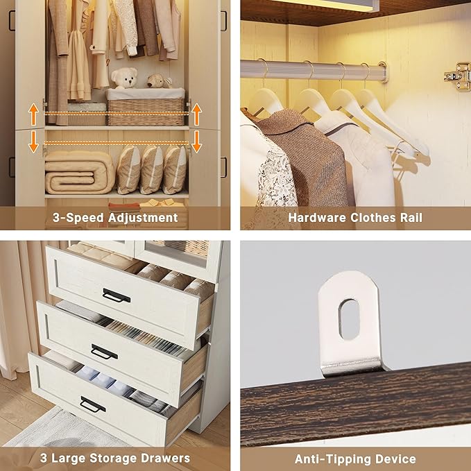 75" Tall Farmhouse 6 Doors Armoire Wardrobe Closet with 3 Drawers and LED,Freestanding Closet Wardrobe Cabinet for Bedroom with Hanging Rod,Wooden Armoire Storage Cabinet(Rustic Off White 6 Doors 1)