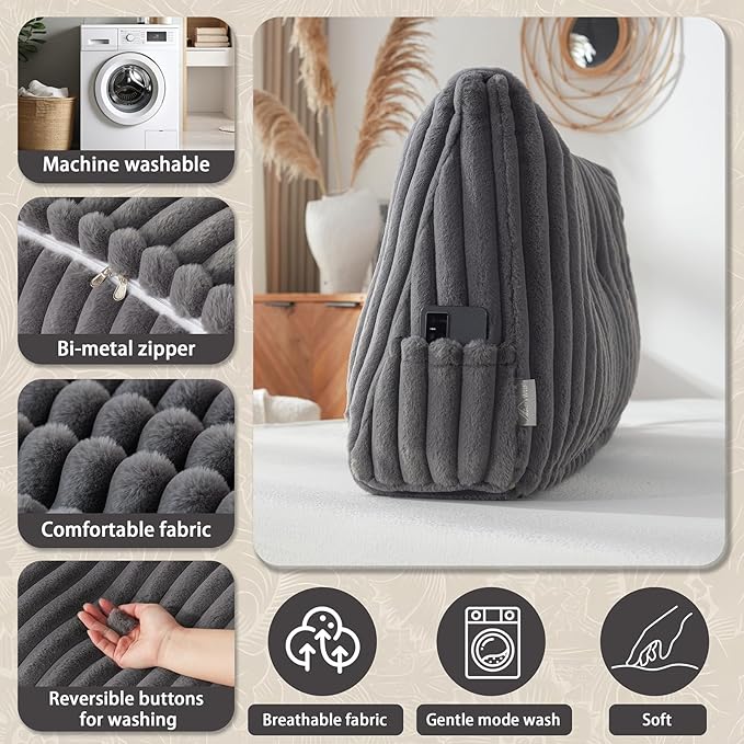 Headboard Pillow + A Long Neck Roll Pillow Body Pillow,Faux Fur Headboard Wedge Pillow with Removable Cover (Gray, Twin:39x8x20 inches)