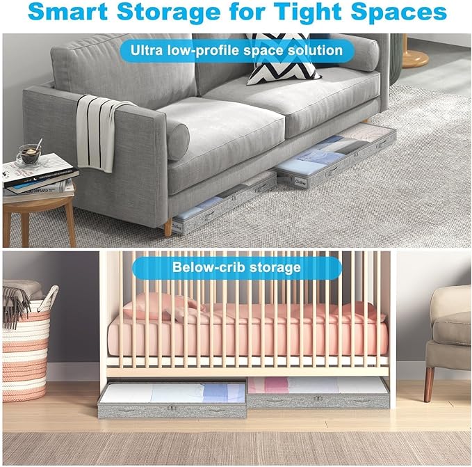 4 Inch Low Profile Under Bed Storage Drawer 2 Pack, Lightweight Underbed Clothes Storage Container Bins With NO STURCTURE, Shallow Storage Bag for Dorm & Home, With Clear Lids & Water-Resistant Fabric