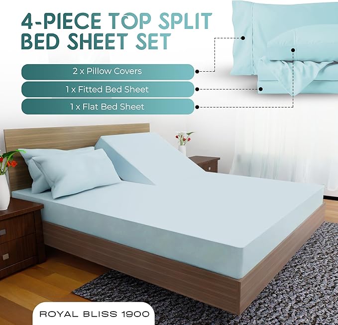 Top Split King Sheets Sets for Adjustable Bed, 4 Pcs Deep Pockets Double Brushed Microfiber Sheets, 34 Inch Split Top Fitted Sheet, 1 King Flat Sheet and 2 Pillowcases - Aqua