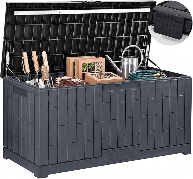 YITAHOME Large Outdoor Storage Box, 120 Gallon Waterproof Resin Deck Box w/Slide-Locking Black Lid, Patio Storage Bin and Bench Seat for Garden Tools, Cushions &Pool Supplies, Easy Assembly, Dark Gray