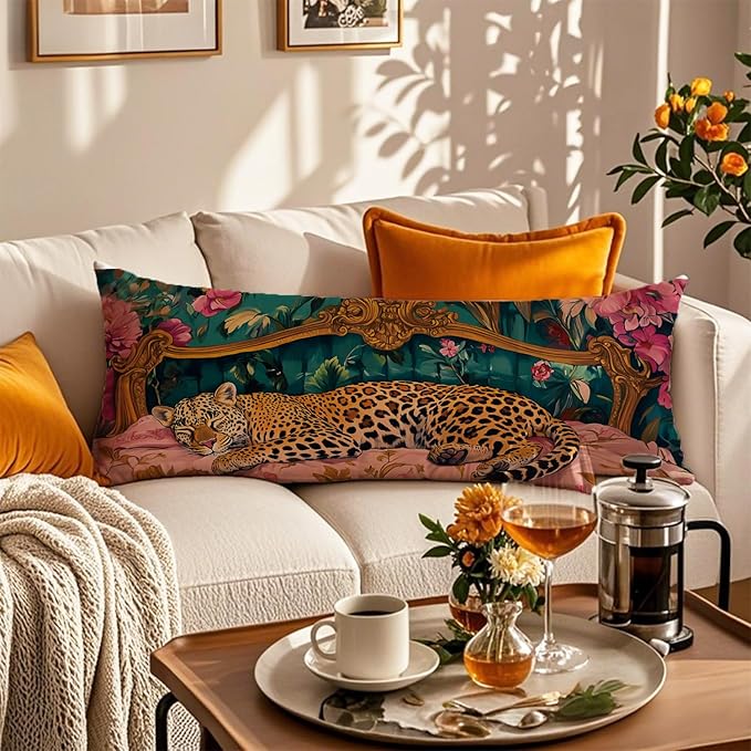 Vintage Leopard Floral 20x54 Body Pillow Cover, Cheetah Room Decor, Trendy Retro Sleepy Leopard Pink Flowers Decorative Long Body Pillow Cases for Bed Couch