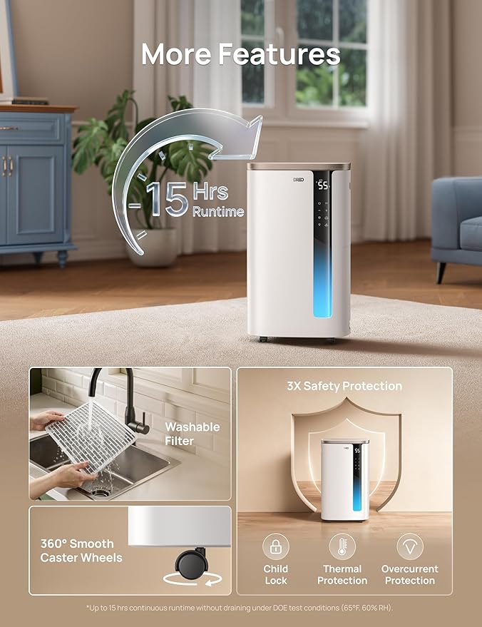 DREO 73 Pint Smart Dehumidifier for Basement, Home & Large Room up to 2000 Sq Ft, Energy Star 6.0 Dehumidifier with Drain Hose, Quiet 42dB, Auto Humidity Control, 3 Fan Speeds, Timer, Continuous Drain
