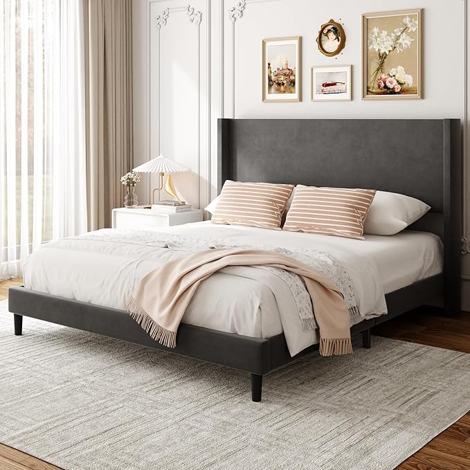 Sismplly Queen Bed Frame with Wingback Headboard, Velvet Upholstered Platform Bed with Wooden Slats, 6.46“ Under Bed Storage, Metal Support, Noise Free, No Box Spring Needed, Gray