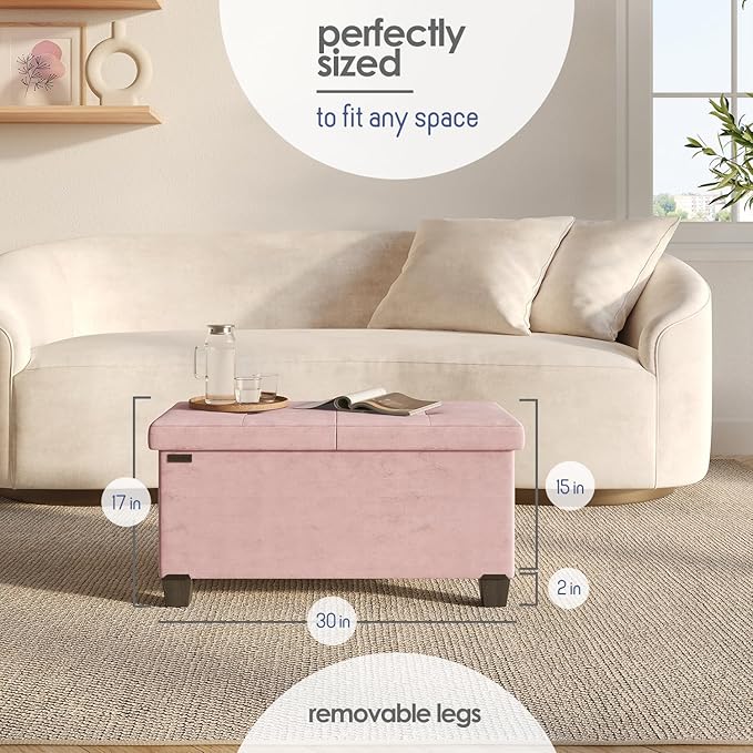 Storage Ottoman Bench with Bins, 30-in Storage Bench for Bedroom End of Bed, Folding Foot Rest Ottoman for Living Room Max 660lbs, Velvet Ottomans, Pink