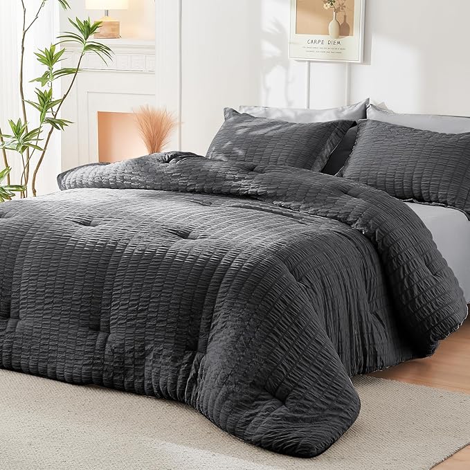 HYMOKEGE Dark Grey/Light Grey Queen Comforter Set Seersucker 7 Pieces, All Season Luxury Bed in a Bag Queen for Bedroom, Bedding Set with Comforter, Sheets, Pillowcases & Shams