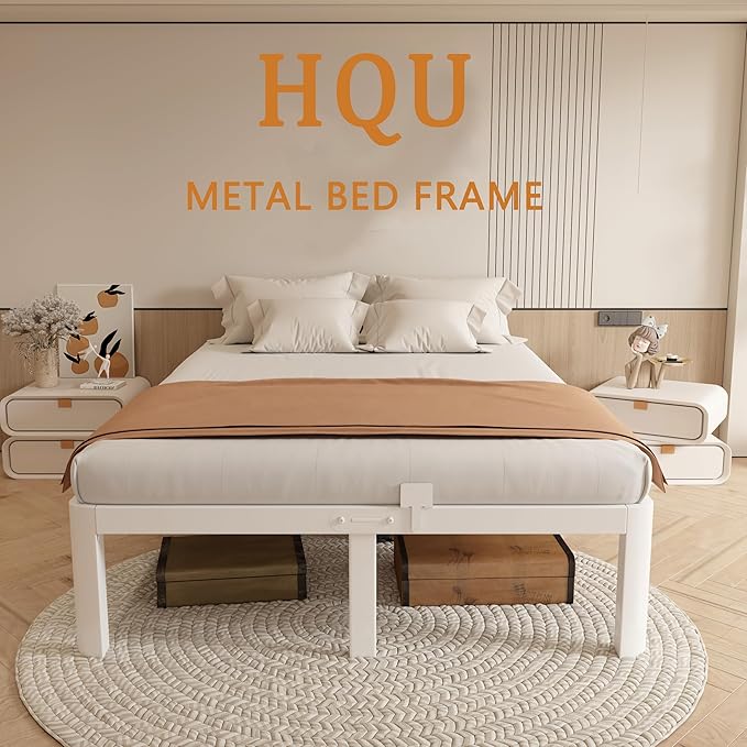 12 Inch Queen Bed Frame No Box Spring Needed, Platform Bed Frame with Metal Gaskets, Heavy Duty Steel Slat Support, Anti-Slip Mattress Stopper, Round Corner Leg, Easy Assembly, White