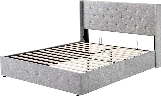 SHA CERLIN Queen Size Lift Up Storage Bed Frame,Button Tufted Wingback Headboard,Upholstered Platform,Hydraulic Storage,Wooden Slat Support,No Box Spring,Light Grey