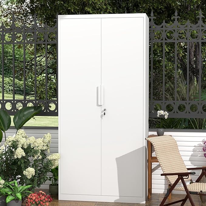 IRONFFICE Metal Locking Cabinet,Metal Storage Cabinet with Doors and Shelves,Tall White Cabinets for Home Office,Garage,Warehouse