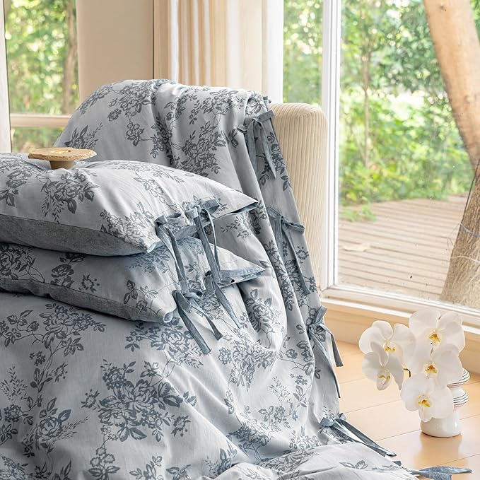 VM VOUGEMARKET Linen Duvet Cover Queen Monet Style Floral Duvet Cover Set,Jacquard Textured Comforter Cover 90"x90" with 2 Pillowcases,Navy Blue