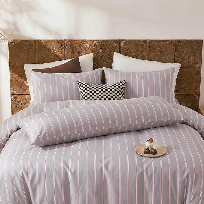 Merryword King Size Pillowcases, 100% Cotton Pillow Cases, Gray and Pink Striped Pillowcases, Soft Breathable Wide Stripes Pillow Covers, Set of 2