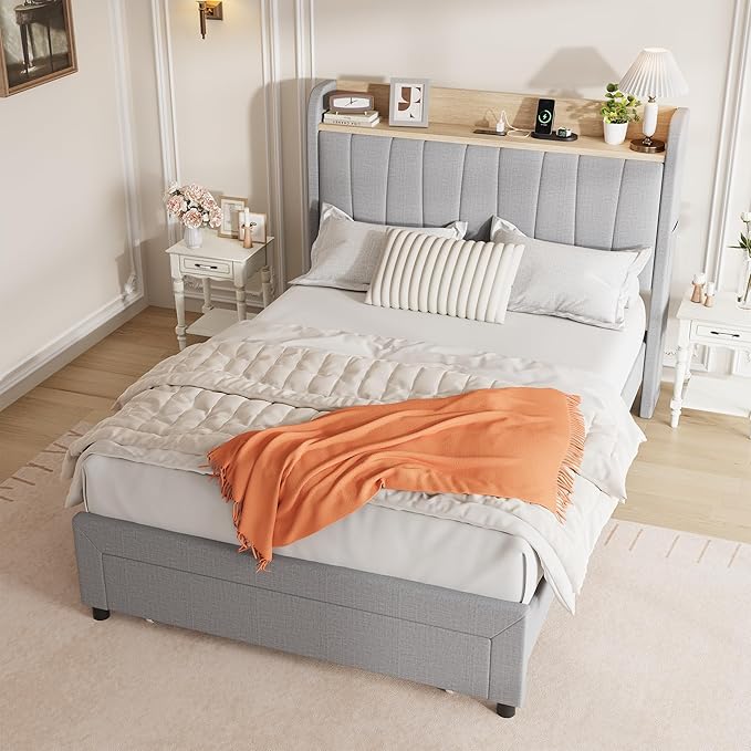 GarveeHome Twin Size Bed Frame with Storage Headboard and Charging Station, Upholstered Platform Bed Frame with Drawers, Heavy Duty, No Box Spring Needed, Easy Assembly, Grey