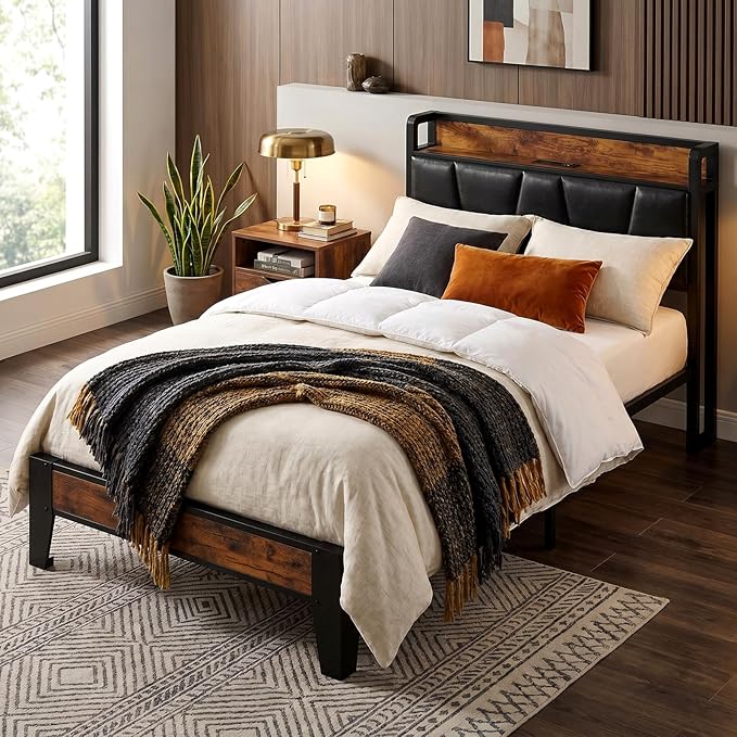LIKIMIO Twin Bed Frame, Storage Headboard with Charging Station, Solid and Stable, Noise Free, No Box Spring Needed, Easy Assembly (Vintage and Black)