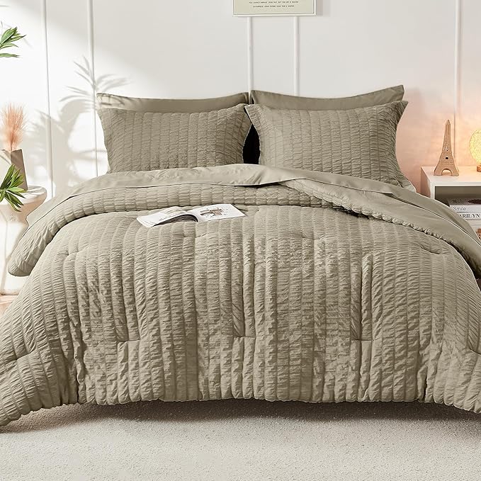 HYMOKEGE Linen Twin XL Comforter Set Seersucker 5 Pieces, All Season Luxury Bed in a Bag for Bedroom, Bedding Set with Comforter, Sheets, Pillowcase & Sham