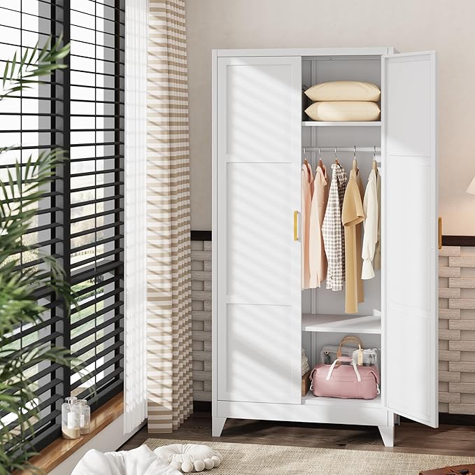 INTERGREAT 71” H Metal Wardrobe Cabinets with 2 Doors, Large Clothing Storage Cabinets with Hanging Rod and Adjustable Shelves, Closet for Home Living/Laundry Room/Department (White)