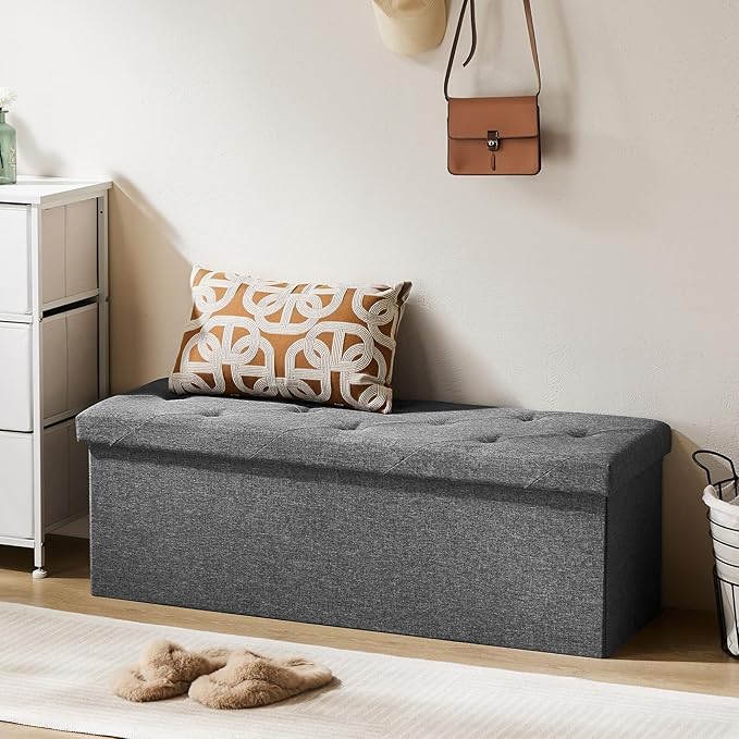 DUMOS 43in Storage Ottoman Bench, Storage Chest, End of Bed Foot Rest Stool with Padded Seat, Bedroom Bench for Living Room, Support 660lbs, Grey
