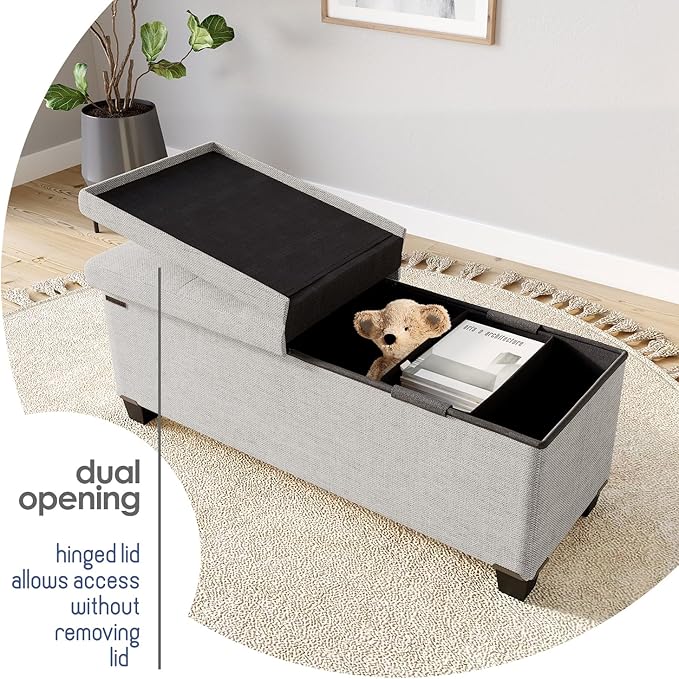 Storage Ottoman Bench with Bins, 43-in Storage Bench for Bedroom End of Bed, Folding Foot Rest Ottoman for Living Room Max 660lbs, Fabric Ottomans, Light Grey