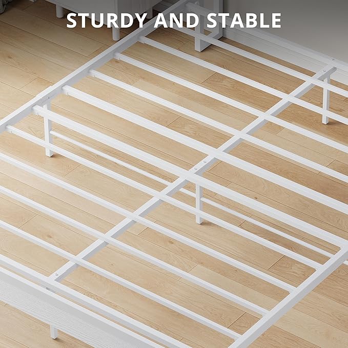 LIKIMIO Queen Bed Frame with Headboard, Wood Camas Queen with Strong Supports, Sturdy, Noise-Free, No Box Spring Needed, White