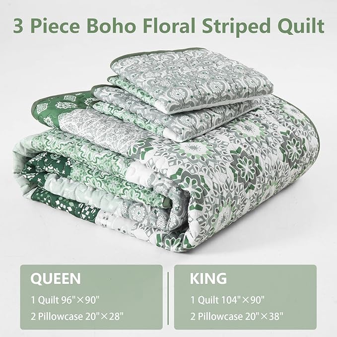 WONGS BEDDING Green Quilt Set King Size,Boho Striped Patchwork Bedspread Coverlet Set,3 Pieces Microfiber Bedding Set for All Seasons (104"×90")