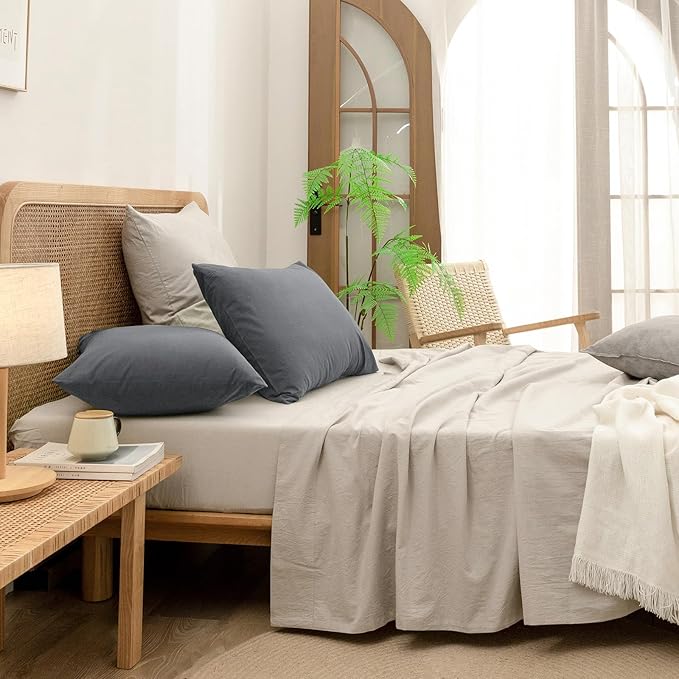 BESTOUCH 100% Washed Cotton Pillowcase for Hair and Skin Linen Feel Soft Comfortable Breathable 2 Set Pillow Case with Envelope Closure Solid Quiet Shade Grey King 20x36 Inches