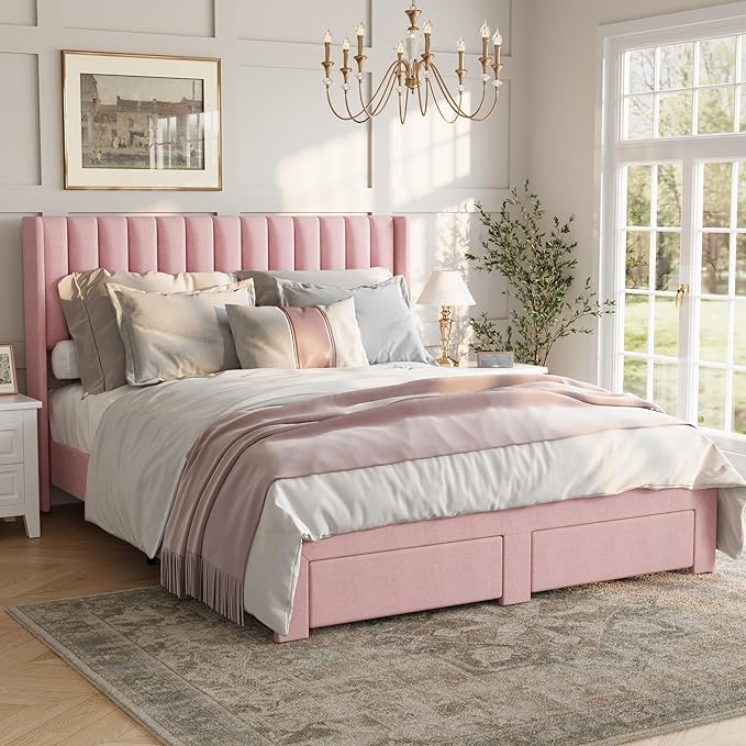 GAOMON Full Size Upholstered Platform Bed Frame with 2 Under-Bed Storage Drawers, Velvet Wingback Headboard, No Box Spring Needed, Sturdy & Noise-Free, Pink