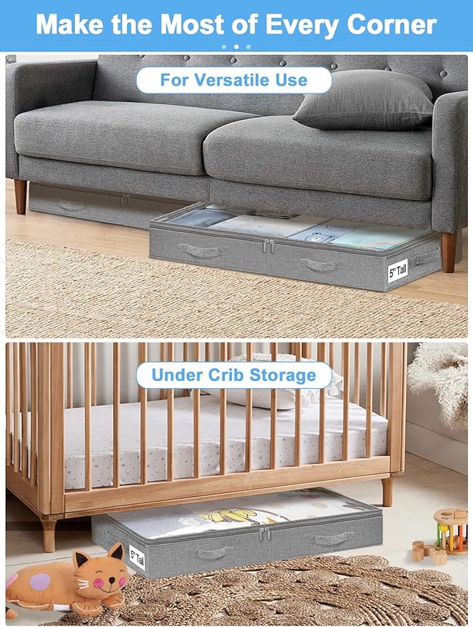 punemi 5 Inches High Low Profile Under Bed Storage Containers,No-Structure,Soft Fabric Zippered Underbed Storage bins for Clothes and Blankets— Fits Under Crib, Couch or Dorm bed,2-Pack,Grey