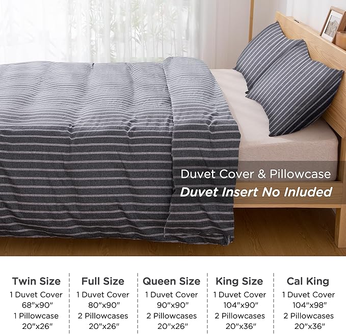 TOCOMOA Striped Duvet Cover Set 100% Natural Cotton Soft Comfy Breathable 3 Piece Grey and White Pattern Printed Comforter Cover Bedding Set (Queen 90"x90", Comforter Not Included)