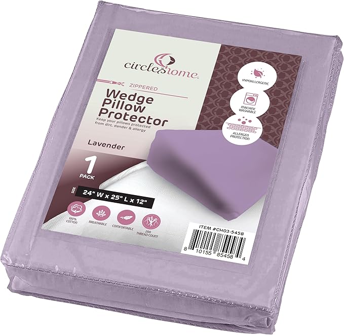 CirclesHome Wedge Pillow Cover 100% Cotton, Zippered Wedge Pillow Case Protector, Soft, Hypoallergenic & Breathable -Lavender, (24Wx25Lx12)