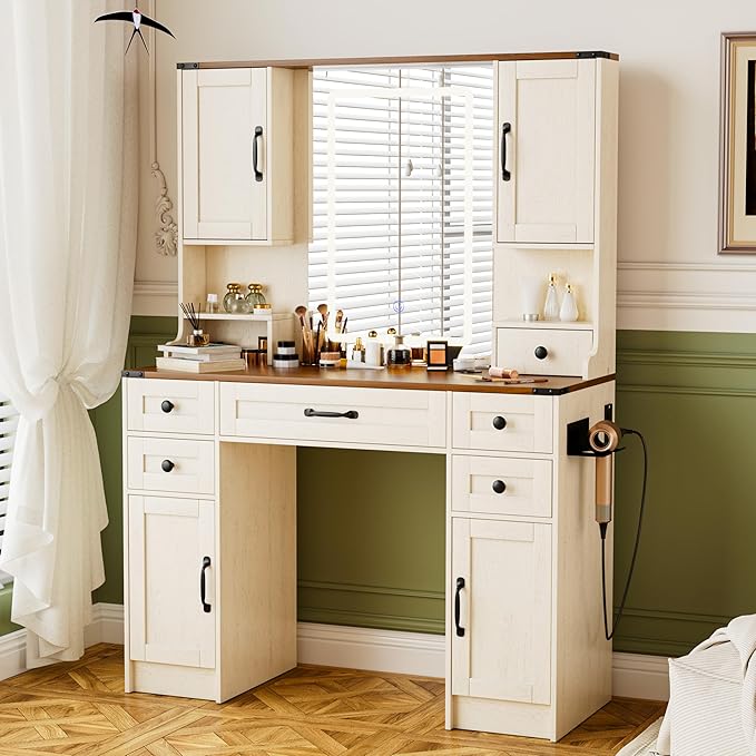 KAMABOKO Vanity Desk with Mirror and Lights, Large Makeup Vanity with 5 Drawers and 4 Storage Cabinets, 3 LED Lights Modes, Brown Dressing Table Set for Girls Bedroom